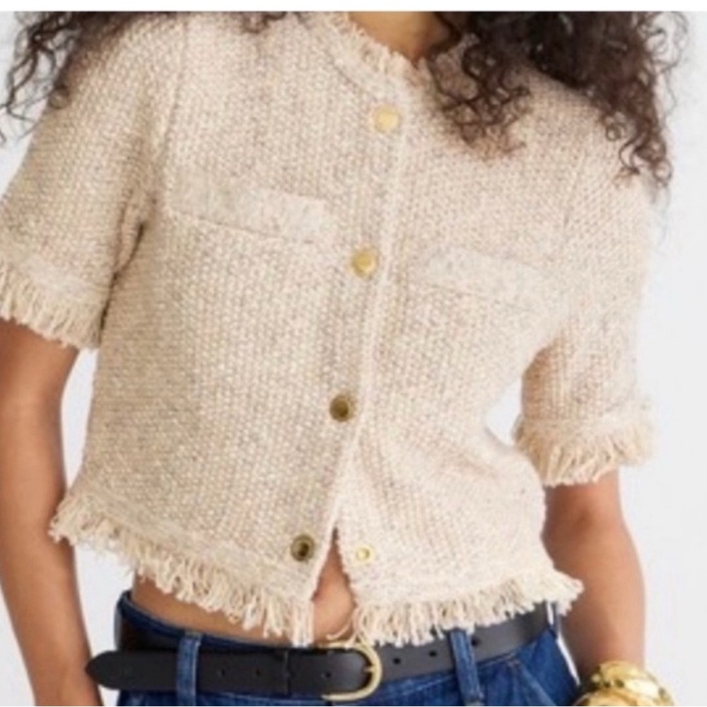 Chic Beige Tweed short sleeve cardigan with brown/beige Buttons